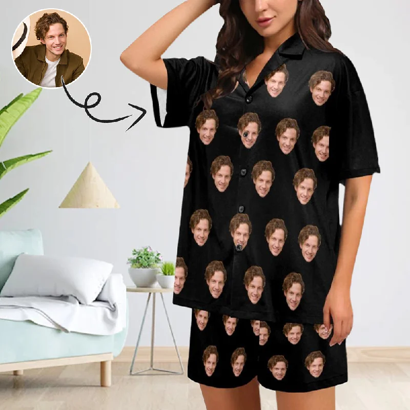 Custom Face Boyfriend Black Loungewear Personalized Photo Sleepwear Women's V-Neck Short Pajama Set Short sleeve pajama sets