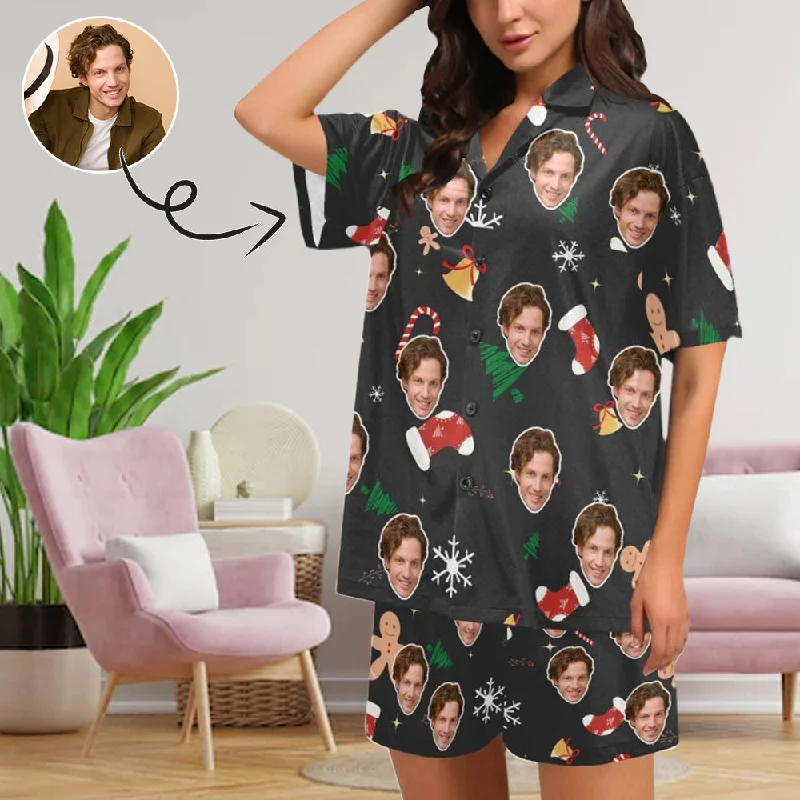 Custom Face Boyriend Chrismas Loungewear Personalized Photo Sleepwear Women's V-Neck Short Pajama Set Kids' pajama sets