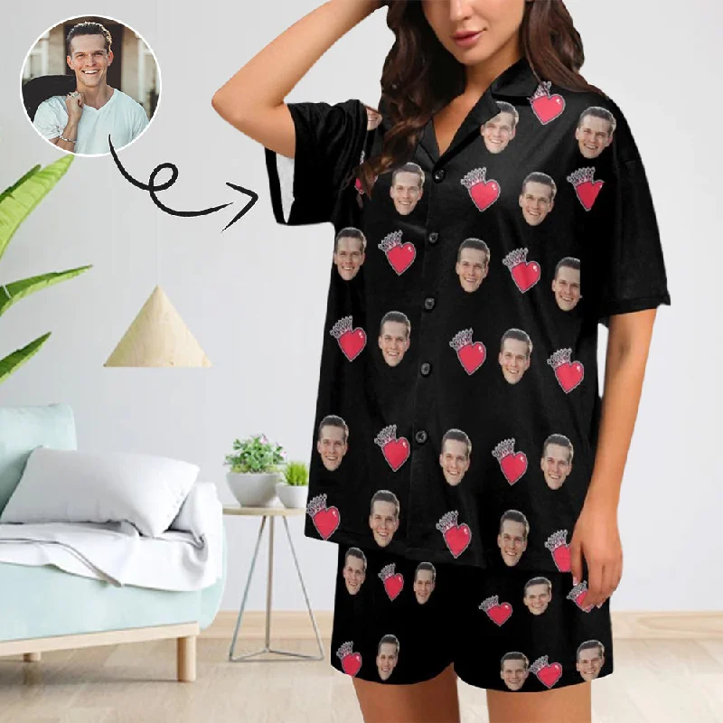 Custom Face Lover Heart Crown Loungewear Personalized Photo Sleepwear Women's V-Neck Short Pajama Set Best pajama sets for sensitive skin