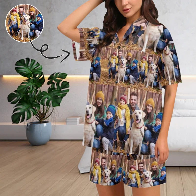 Custom Face My Family Loungewear Personalized Photo Sleepwear Women's V-Neck Short Pajama Set Fall pajama sets