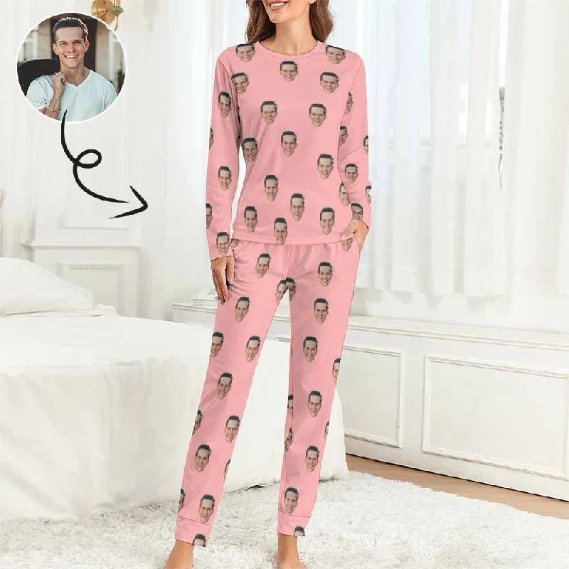 Custom Face Pajamas Boyfriend Pink Sleepwear Personalized Women's Crewneck Long Pajamas Set Silk pajama sets