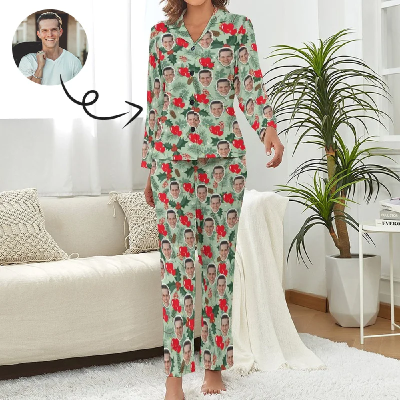 Custom Face Pajamas Leaves&Heart Green Sleepwear Personalized Women's Long Pajama Set Boho pajama sets