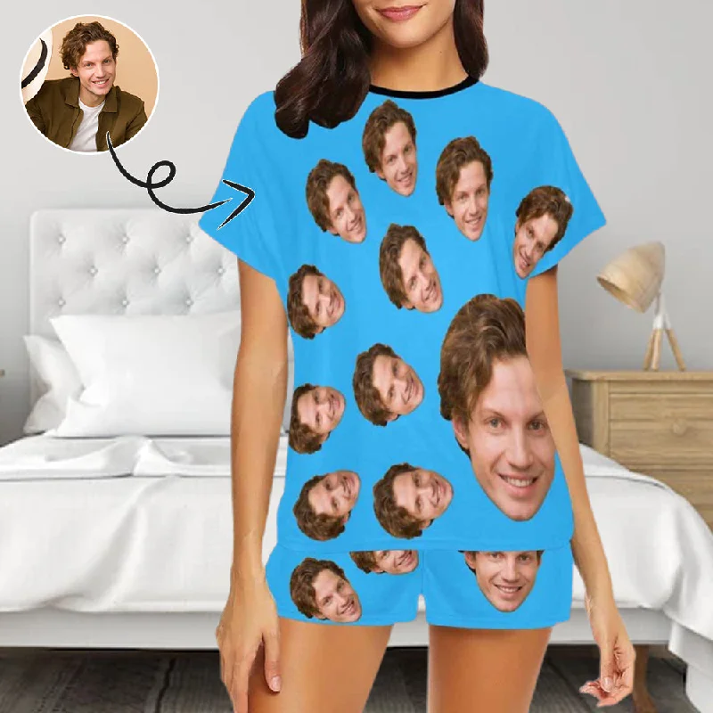 Custom Face Pajamas My Lover Blue Sleepwear For Her Personalized Women's Short Pajama Set Amazon pajama sets