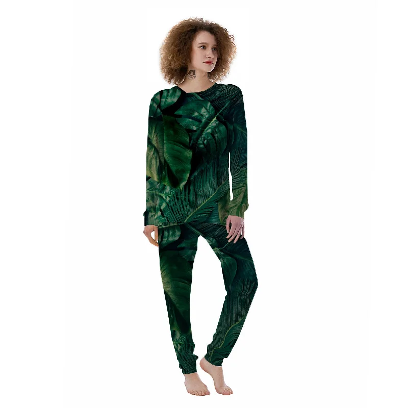 Tropical Leaf Natural Print Women's Pajamas Movie night pajama sets