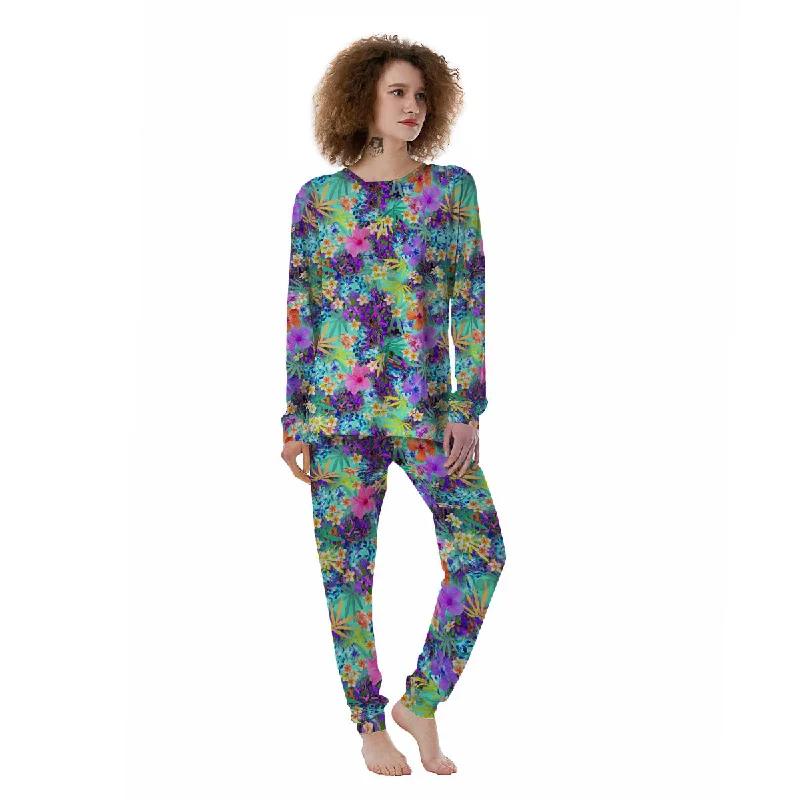 Tropical Neon Hibiscus Print Pattern Women's Pajamas Loungewear pajama sets