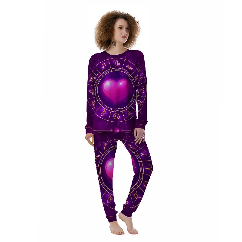 Zodiac Wheel Pink Heart Print Women's Pajamas Elegant pajama sets