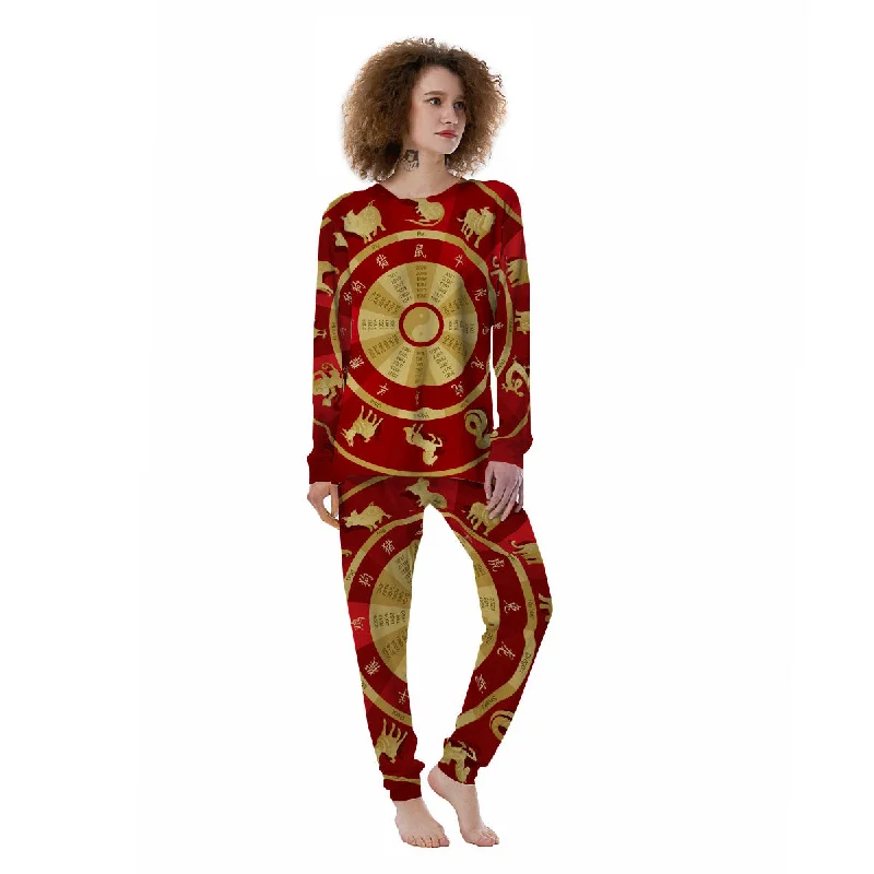 Zodiac Wheel Red Chinese Print Women's Pajamas Summer pajama sets