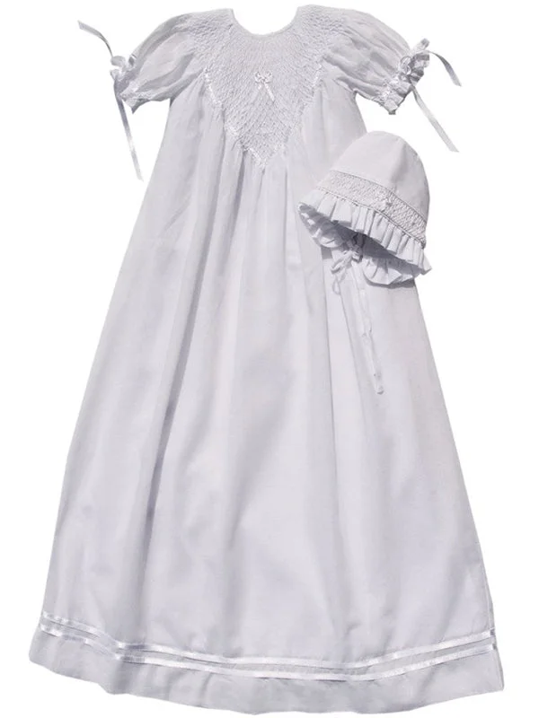 Angelica Baby Girls Christening Smocked Bishop Gown and Bonnet Satin Bridal Set