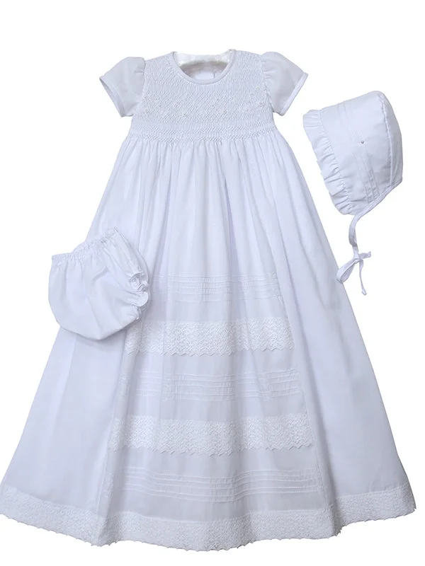 Baby Girls Smocked Baptism Lace Gown and Bonnet Luxury Satin Gown