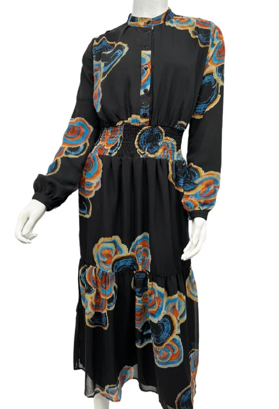 Black and Colorful Smocked Waist Dress Lace Satin Gown