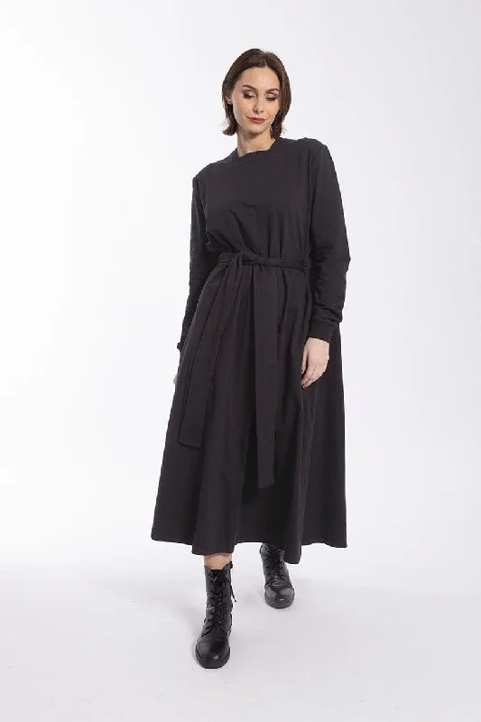 Black Cotton Dress with Belt Chic Satin Robe