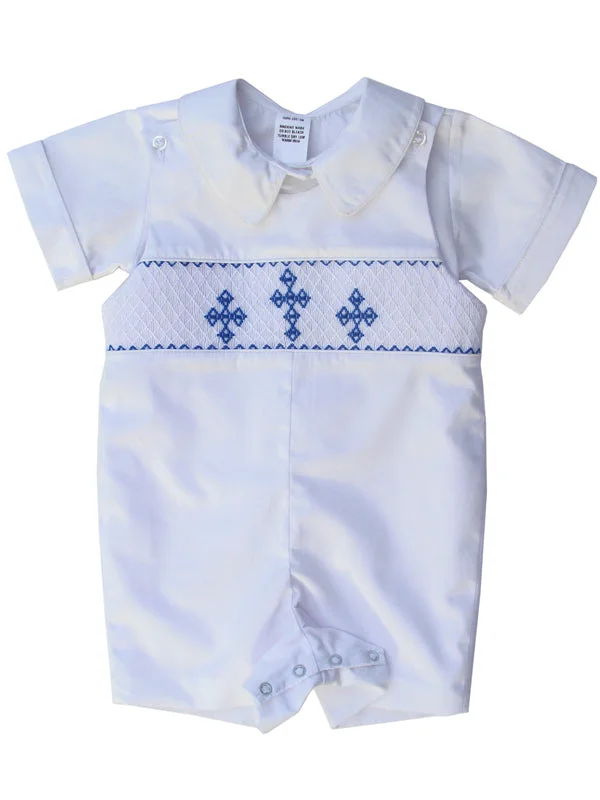 Newborn Boys Christening White Smocked Crosses Shortall Elegant Silk Gown