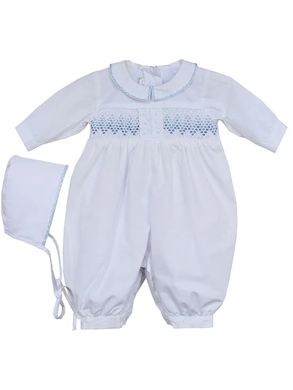 Baby Boys Christening Baptism Smocked Outfit and Bonnet Soft Satin Robe