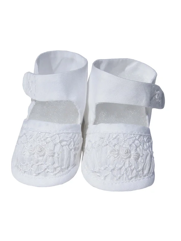 Infant Baby Girls White Christening Smocked Shoes Comfy Robe Gown