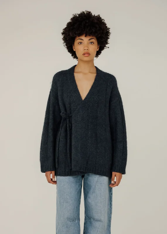 Bare Knitwear Roan Wrap Cardigan in Denim Wrinkle-resistant sweaters