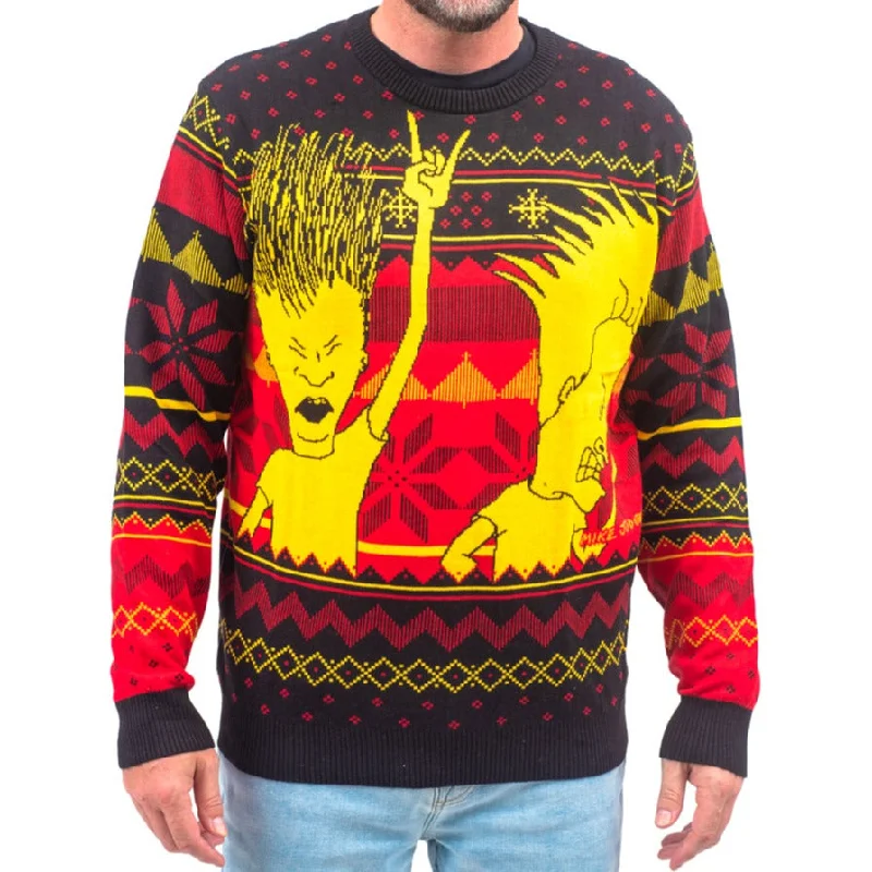 Beavis and Butthead Rock and Roll Three Color Ugly Christmas Sweater Chunky knit sweaters