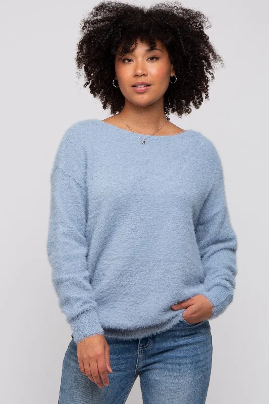 Blue Fuzzy Knit Boat Neck Sweater Warm sweaters