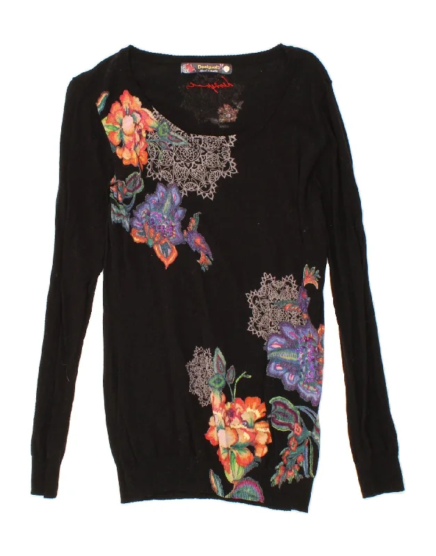 DESIGUAL Womens Boat Neck Jumper Sweater UK 14 Large Black Floral Cotton Elegant sweaters