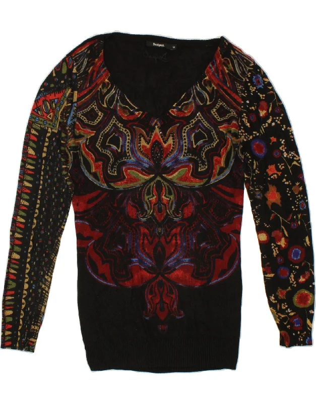 DESIGUAL Womens V-Neck Jumper Sweater UK 12 Medium Black Floral Cropped sweaters