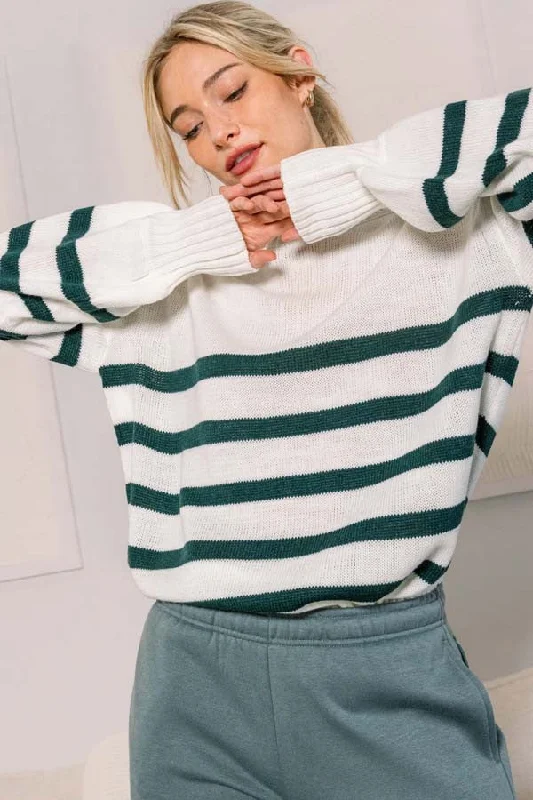 Forest Green Striped Oversized Side Slit Sweater Layering sweaters