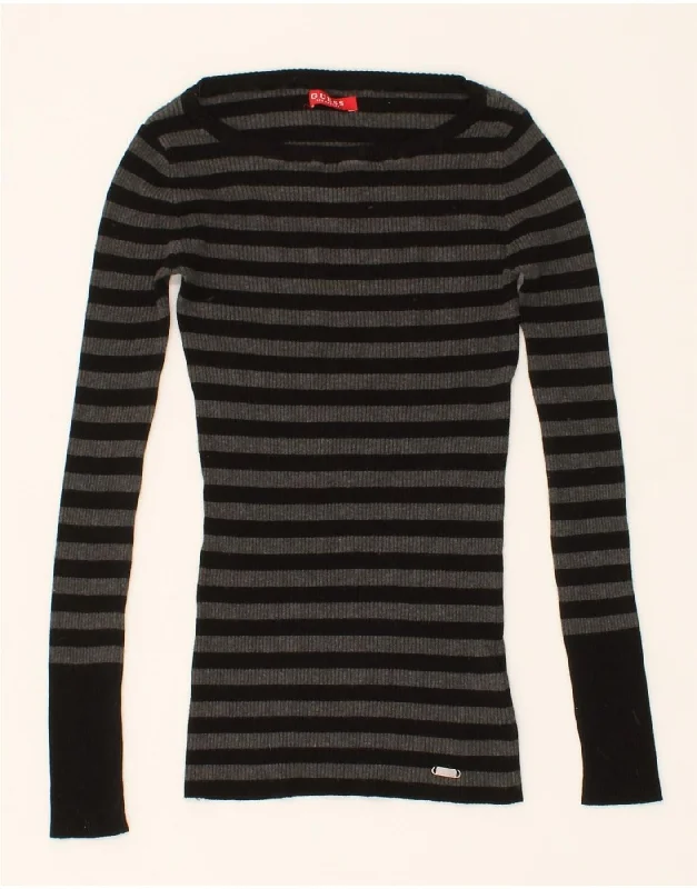 GUESS Womens Boat Neck Jumper Sweater UK 4 XS Black Striped Viscose Cheap sweaters