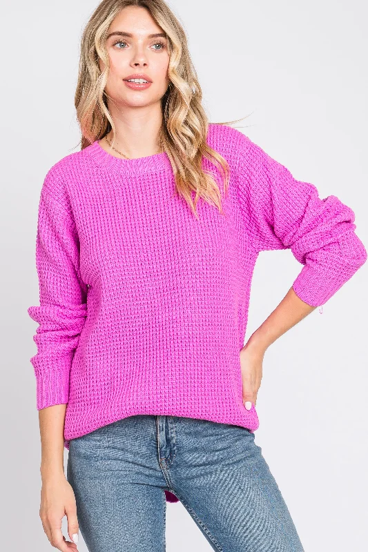 Pink Waffle Knit Round Hem Sweater Expensive sweaters