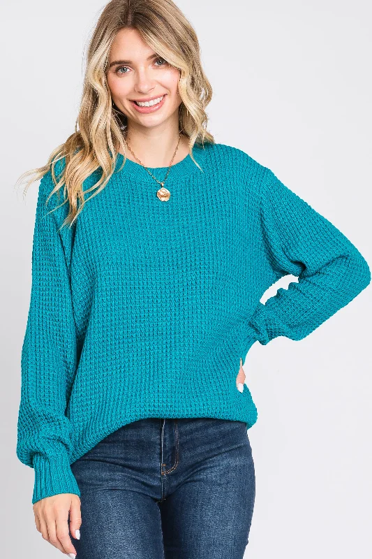 Teal Waffle Knit Round Hem Sweater Fleece sweaters