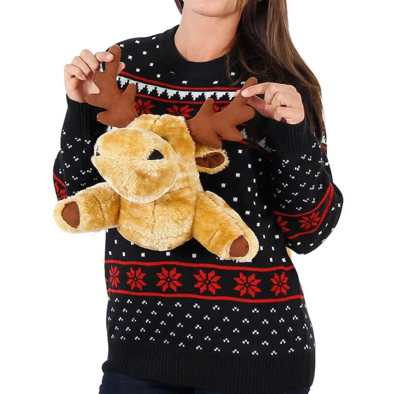 Women's Black 3-D Sweater with Stuffed Moose Ugly Christmas Sweater Gucci sweaters