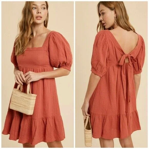 Burnt Coral Boho Cotton Gauze Ruffle Tiered Bubble Sleeve Bow Babydoll Dress A-line mini dresses