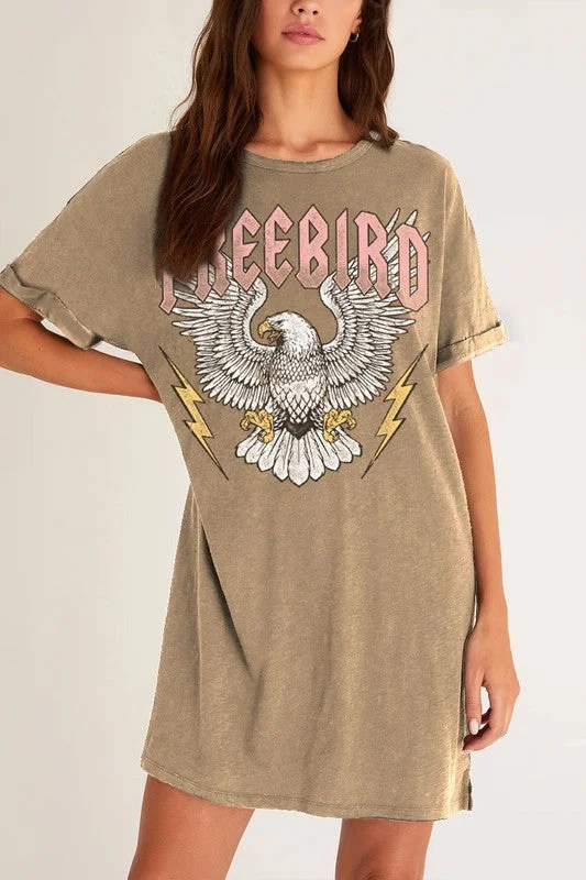 Freebird Eagle Graphic Taupe Mineral T-Shirt Tee Shirt Mini Relaxed Fit Dress Best value mini dresses