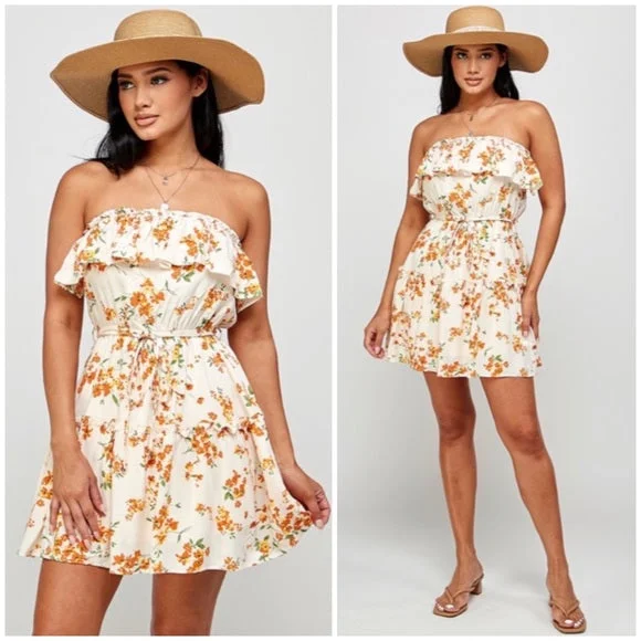 Cream Orange Floral Print Ruffle Trim Strapless Tube Casual Summer Mini Dress Formal mini dresses