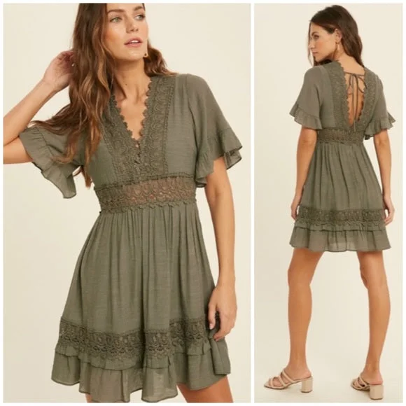 Dainty Olive Green Bohemian Crochet Lace Trim Ruffle Short Sleeve Mini Dress Boohoo mini dresses