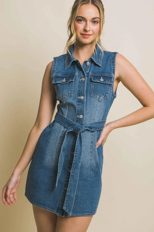 Denim Strapless Dress with Waist Tie Chiffon mini dresses