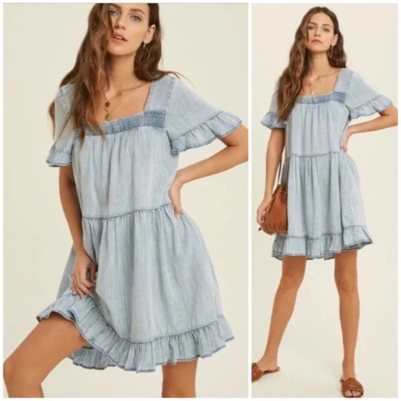 Denim Tencel Square Neck Short Sleeve Ruffle Trim Babydoll Casual Mini Dress Goth mini dresses