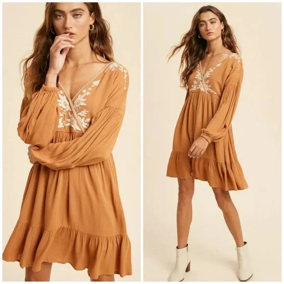 Earthen Boho Surplice Wrap Floral Embroidered Long Sleeve Ruffed Hem Mini Dress Best mini dresses for hourglass body shape