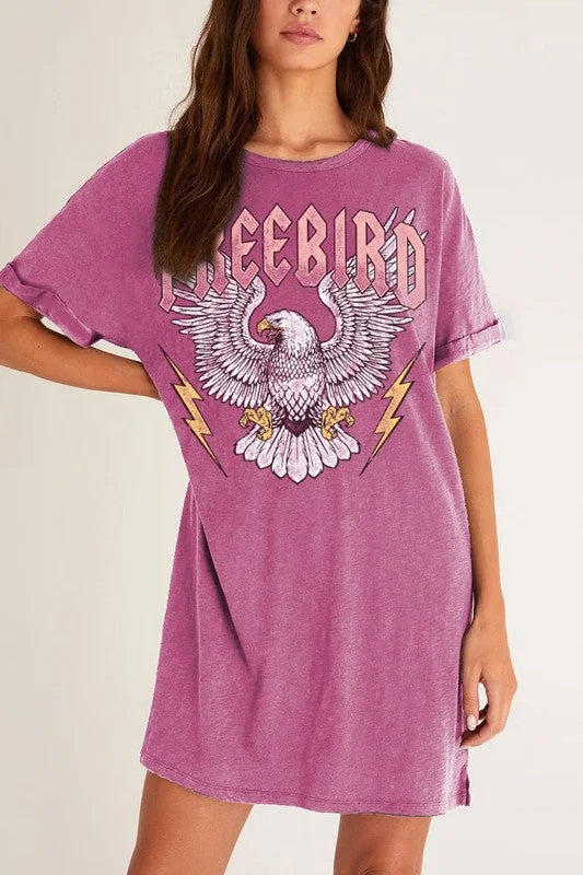 Freebird Eagle Graphic Magenta Mineral T-Shirt Tee Shirt Mini Relaxed Fit Dress New Year's Eve mini dresses