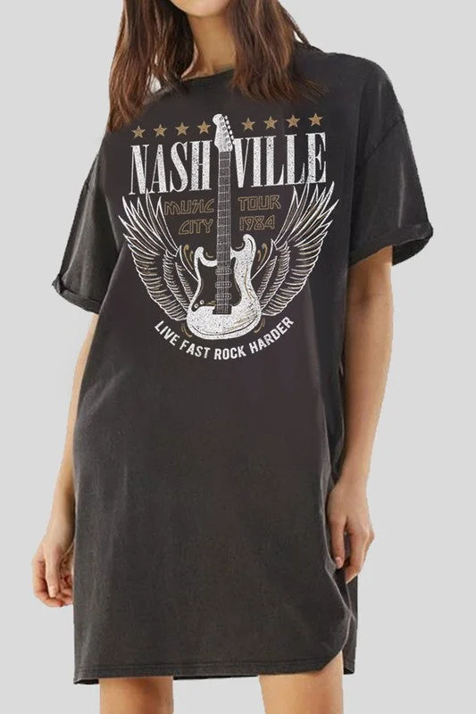 Mineral Black Nashville Music City Guitar Graphic Short Sleeve T-Shirt Dress Clubbing mini dresses