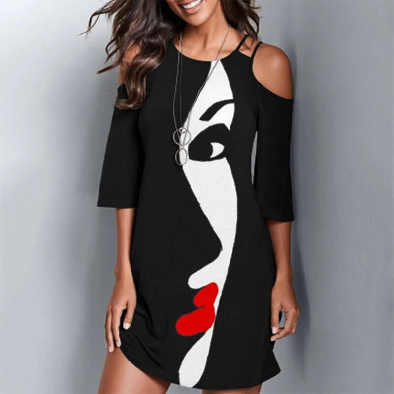 Round Neck Mask Printed Mini Dress Glamorous mini dresses