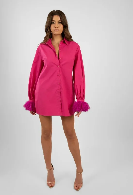 Silka Shirt In Fuchsia with Faux Fur Cuffs Denim mini dresses