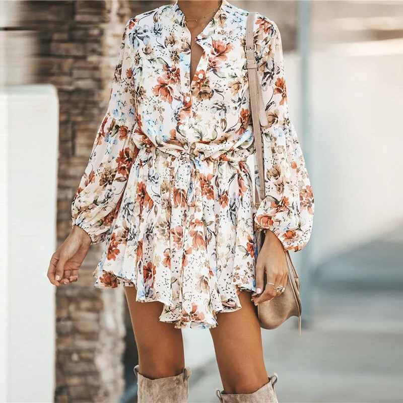 White Ruffled Lantern Sleeve Elegant Mini Vintage Print Irregular Dress Best mini dresses for formal events