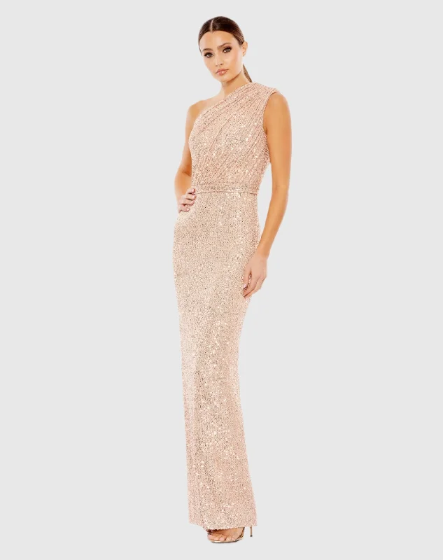 Pink Sequined Ruched One Shoulder Gown Classic Lace Gown