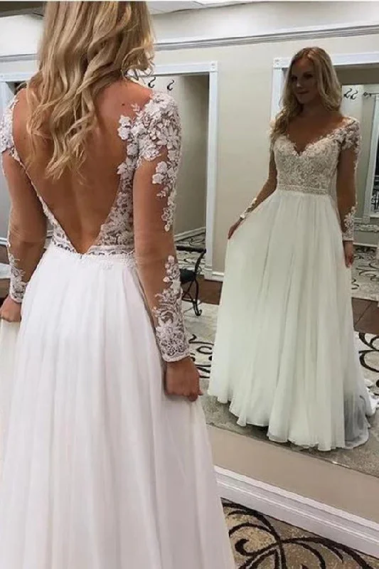 A Line Floor Length Long Sleeves V Neck Tulle Beach Wedding Dress P7RERG85 Chic Bridal Gown