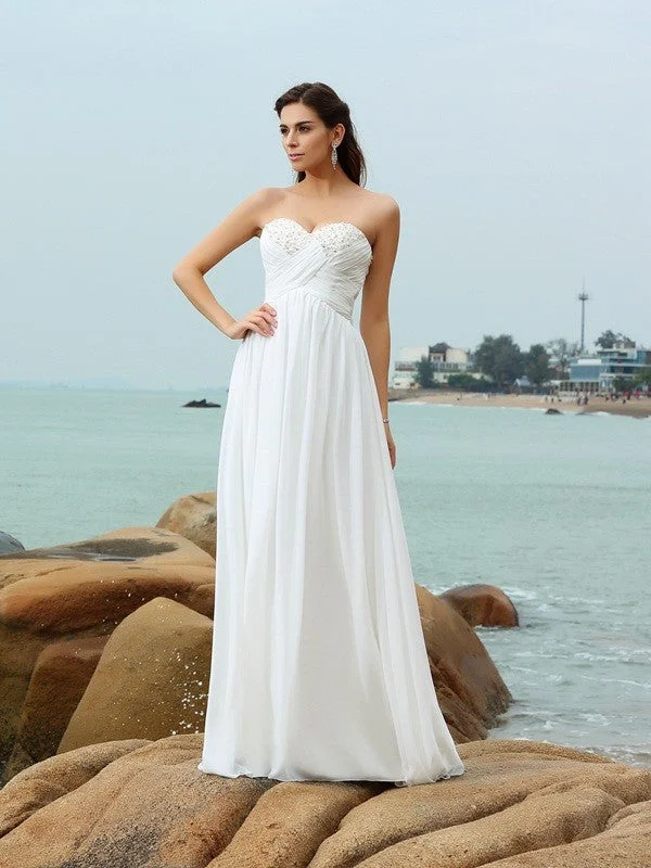 A-Line/Princess Sweetheart Beading Sleeveless Long Chiffon Beach Wedding Dresses TPP0006539 Soft Lace Gown