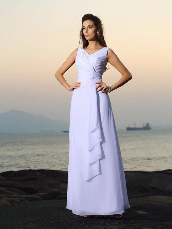 A-Line/Princess V-neck Pleats Sleeveless Long Chiffon Beach Wedding Dresses TPP0006534 Open Back Dress