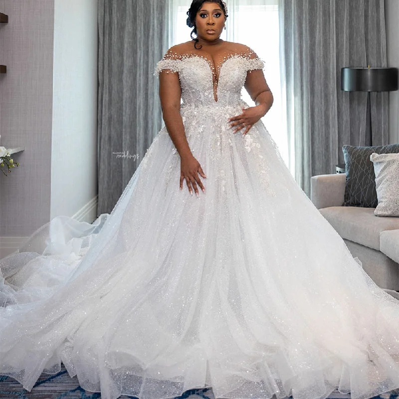 Wedding Dresses for Bride Sheer Neck Lace up Back Plus Size Long Sleeve Gown