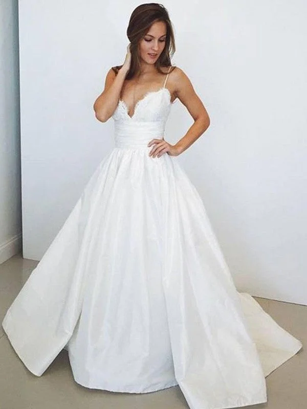 Ball Gown Sleeveless Spaghetti Straps Ruched Satin Sweep/Brush Train Wedding Dresses Wedding Dress Set