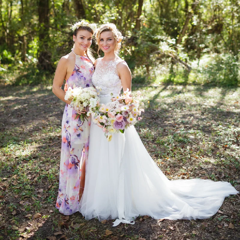 Charming Long Lace Top A-Line Wedding Dress, Tulle Round Neckline Backless Wedding Dress, KX785 Classic Satin Gown