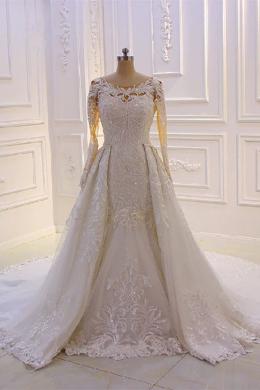 Classic Jewel Long Sleevess Tulle Lace Sparkle Ivory Wedding Dress Lace Sleeveless Dress