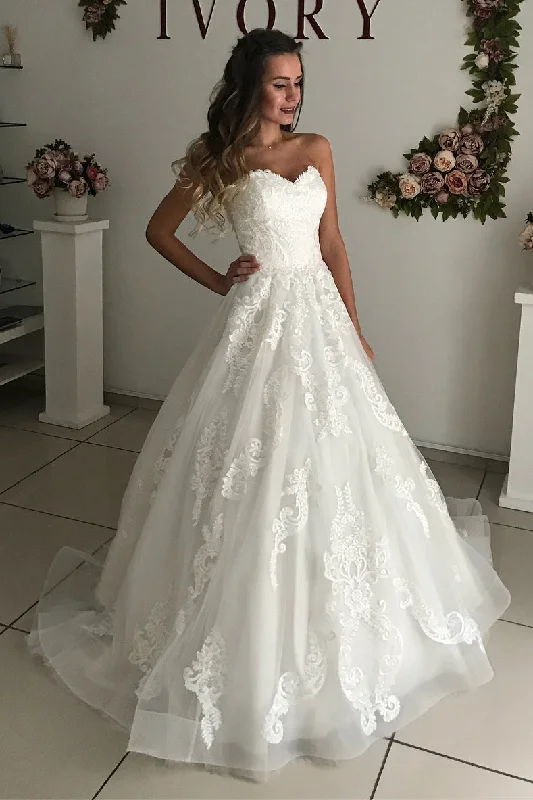 Princess Long Strapless A-line White Wedding Dress with Lace Glamorous Wedding Dress