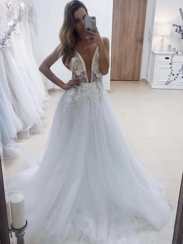 Deep V Neck Backless White Lace Appliques Long Prom Dresses, White lace Wedding Dresses, White Formal Evening Dresses Wedding Dress Long